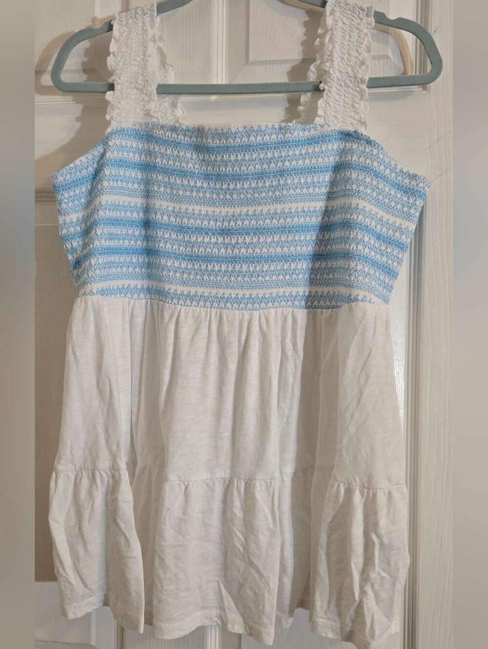 torrid White and Light Blue Smocked Ruffle Straps Blouse